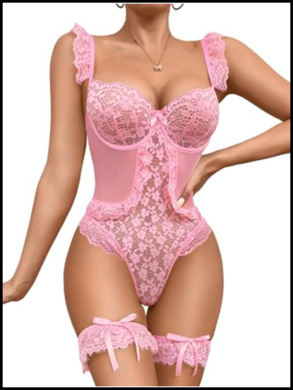 Lace Bodysuit Bridal Lingerie Set Sheer Teddy Garter Thigh Straps